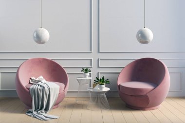 Modern iç kahve masa ve sandalyeler çifti. Duvar sahte 