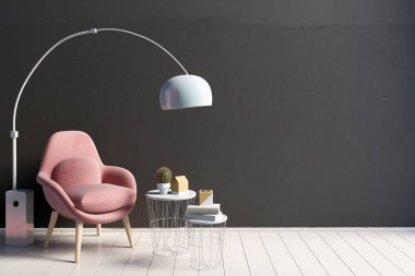 Modern iç kahve masa ve sandalye. Duvar kadar sahte. 3D Il