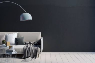 Sehpa ve Kanepeli modern iç. Duvar kadar sahte. 3D hasta
