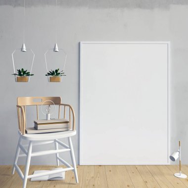 Poster ve sandalye ile modern iç. Poster kadar sahte. 3D illust
