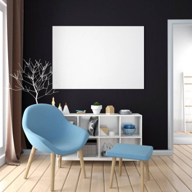 Modern iç, İskandinav tarzı. 3D çizim. Poster moc