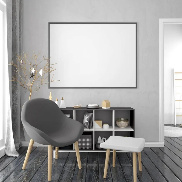 Moderne kerst interieur, Scandinavische stijl. 3D illustratie. — Stockfoto