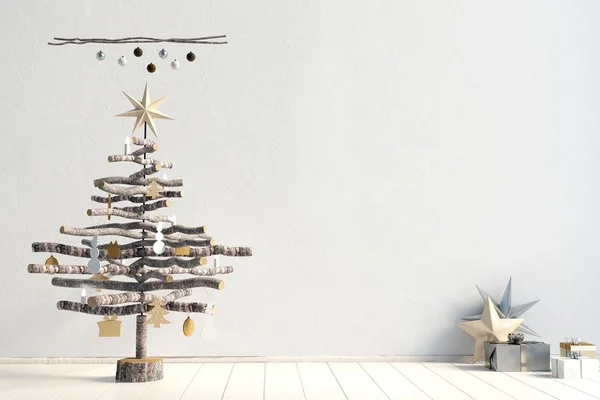 Nowoczesny minimalistyczny Boże Narodzenie wnętrze stylu skandynawskim. 3D i — Zdjęcie stockowe