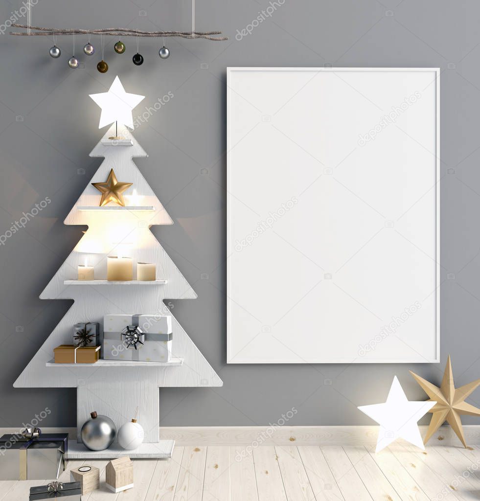 Modern minimalistic Christmas interior, Scandinavian style. 3D i