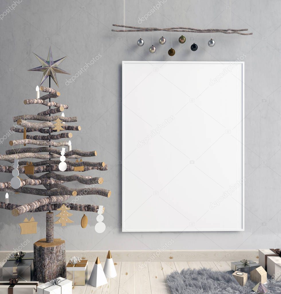 Modern minimalistic Christmas interior, Scandinavian style. 3D i