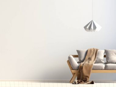 Kanepeli modern iç mekan. Duvar modeli. 3d illüstrasyon.