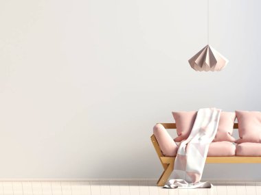 Kanepeli modern iç mekan. Duvar modeli. 3d illüstrasyon.