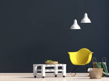 Modern iç plastik sandalye ile. Duvar kadar sahte. 3D illustratio