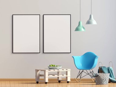 Modern iç plastik sandalye ile. Posterl kadar sahte. 3D illustra