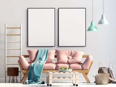 Modern iç kanepe ile. Poster kadar sahte. 3D çizim.
