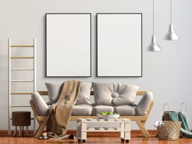 Modern iç kanepe ile. Poster kadar sahte. 3D çizim.