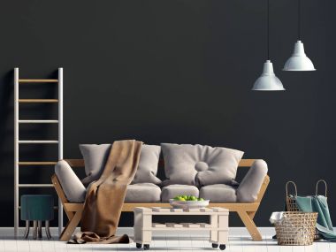 Kanepeli modern iç mekan. Duvar modeli. 3d illüstrasyon.