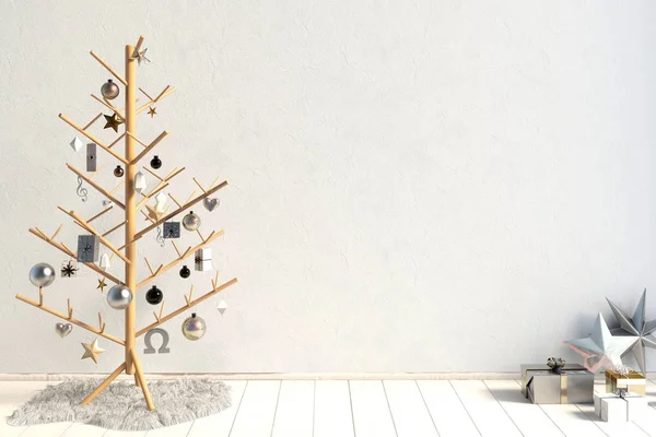 Moderní minimalistický vánoční interiér, skandinávský styl. 3D jsem — Stock fotografie