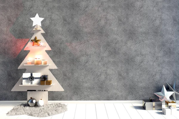 Современный минималистичный рождественский интерьер, скандинавский стиль. 3D i — стоковое фото