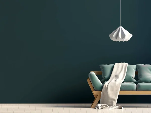 Kanepeli modern iç mekan. Duvar modeli. 3d illüstrasyon.