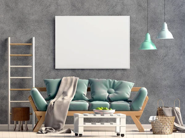 Modern iç kanepe ile. Poster kadar sahte. 3D çizim.