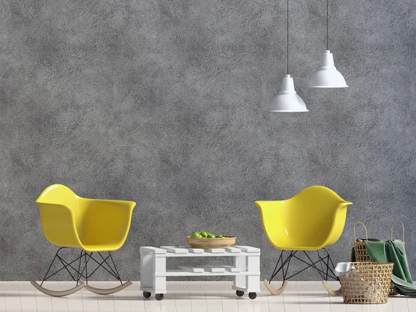 Modern iç plastik sandalye ile. Duvar kadar sahte. 3D illustratio