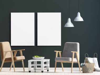 Modern iç sandalye ile. Posterl kadar sahte. 3D çizim.