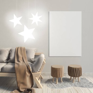 Modern iç kanepe ile. Poster kadar sahte. 3D çizim.