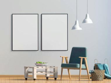 Modern iç sandalye ile. Posterl kadar sahte. 3D çizim.