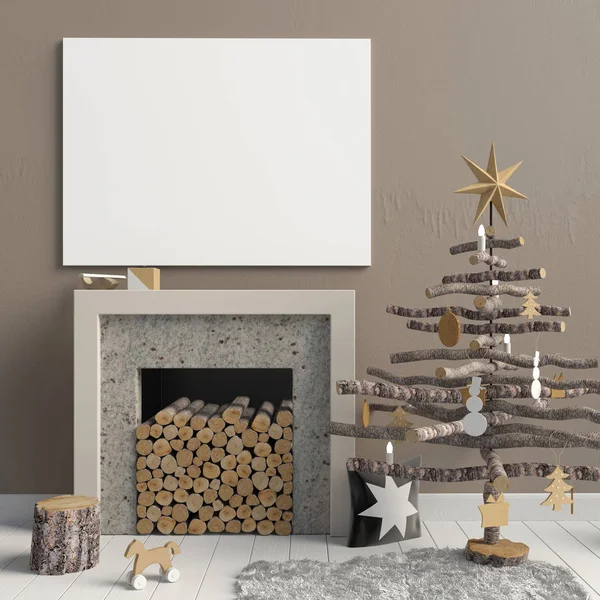 Modern Christmas interior with a decorative fireplace, Scandinav — Stock Photo, Image