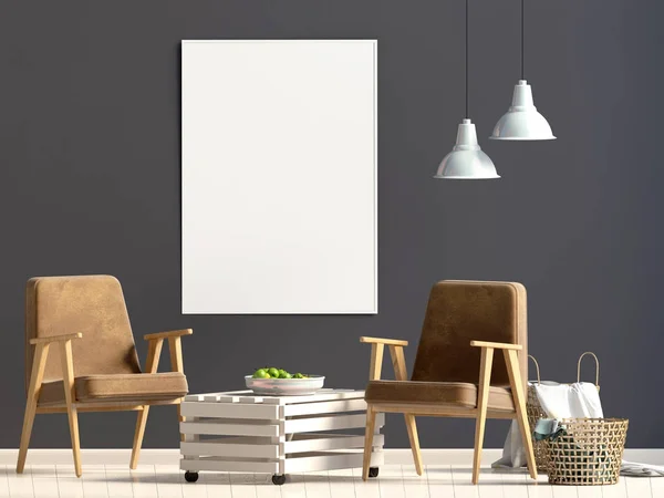 Modern interieur met stoel. Posterl mock up. 3D illustratie. — Stockfoto