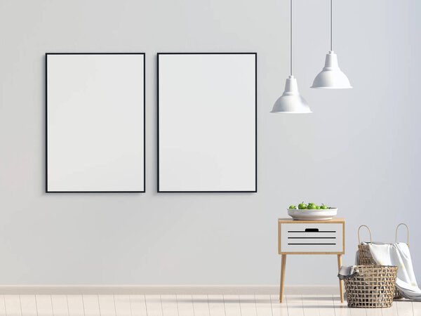 Современный интерьер с журнальным столом. Постерл макет. 3D-иллюстрация
