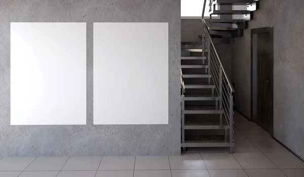 Interior moderno con escaleras. Ilustración 3d. Mock up cartel —  Fotos de Stock
