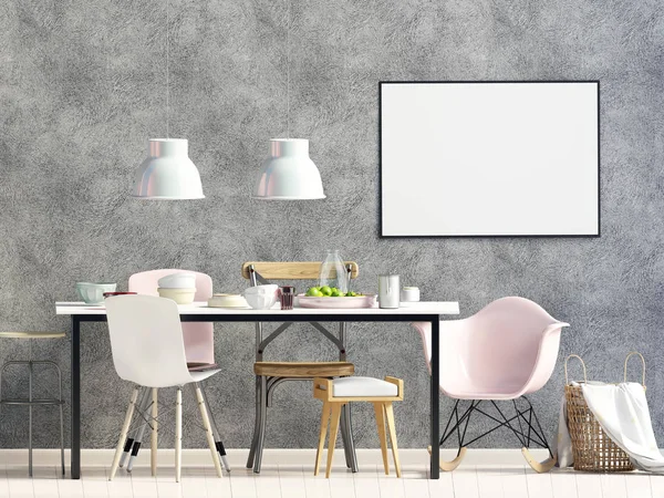 Simular cartel en el interior con zona de comedor. sala de estar moderno —  Fotos de Stock