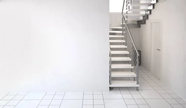 階段とモダンなインテリア。3 d イラスト。壁をモックアップします。 — ストック写真
