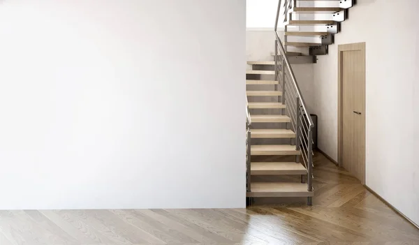 階段とモダンなインテリア。3 d イラスト。壁をモックアップします。 — ストック写真