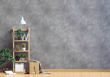 Modern iç shalf, bitki ve lamba. Duvar kadar sahte. 3D hasta