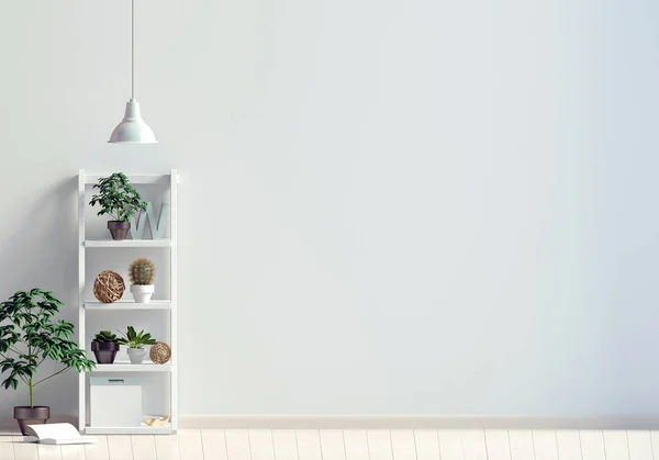Shalf, 식물, 램프와 현대적인 인테리어입니다. 벽을 모의 합니다. 3 차원 병 — 스톡 사진
