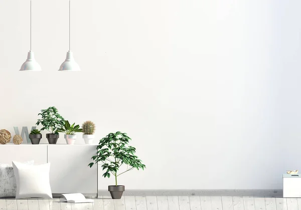 랙, 식물, 베개와 현대적인 인테리어입니다. 벽을 모의 합니다. 3d il — 스톡 사진