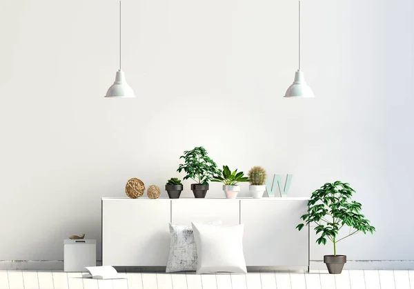 Moderní interiér s rack, rostlin a polštář. Zeď mock-up. 3D il — Stock fotografie