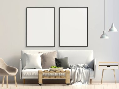 Modern iç kanepe ile. Poster kadar sahte. 3D çizim.