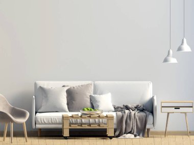 Kanepeli modern iç mekan. Duvar modeli. 3d illüstrasyon.