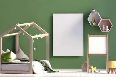 Childroom iç. yerde yatıyor. 3D çizim. Alay