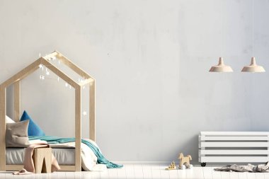 Childroom iç. yerde yatıyor. 3D çizim. Alay