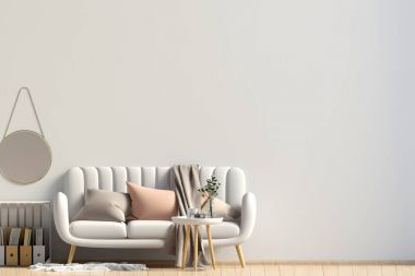 Sehpa ve Kanepeli modern iç. Duvar kadar sahte. 3D hasta