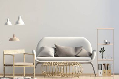 Sehpa ve Kanepeli modern iç. Duvar kadar sahte. 3D hasta