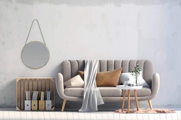 Interior modern cu măsuță de cafea și canapea. Ridică-ţi joc de perete. 3d bolnav — Fotografie, imagine de stoc