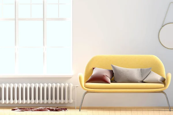 Interior moderno com janela e sofá. Escarnecer de parede. 3d ilustrat — Fotografia de Stock
