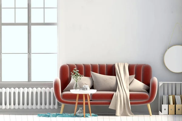 Interno moderno con finestra e divano. Muro finto. Illustrazione 3d — Foto Stock