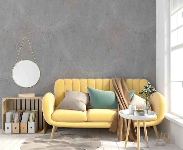 Modern interieur met koffietafel en slaapbank. Muur mock up. 3D ziek — Stockfoto