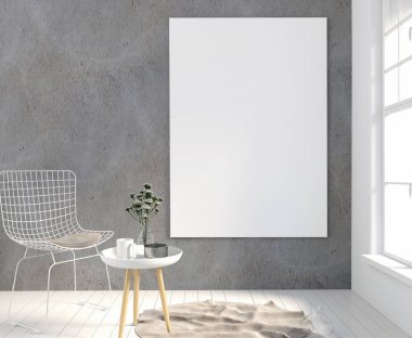 Poster ve sandalye ile modern iç. Poster kadar sahte. 3D illust