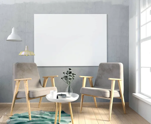 Interior moderno com cartaz e cadeira. Cartaz para cima. illust 3d — Fotografia de Stock