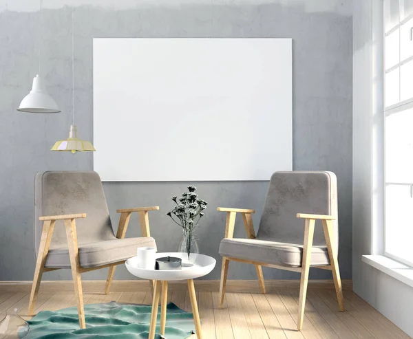 Modernes Interieur mit Poster und Stuhl. Plakat-Attrappe. 3d illust — Stockfoto