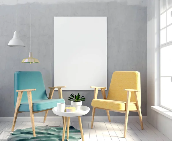 Moderní interiér s plakátu a židle. plakát mock-up. 3D obrázek — Stock fotografie