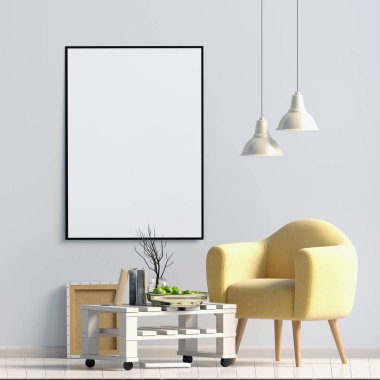 İskandinav tarzı modern iç mekan tasarımları. Poster alay. 3D